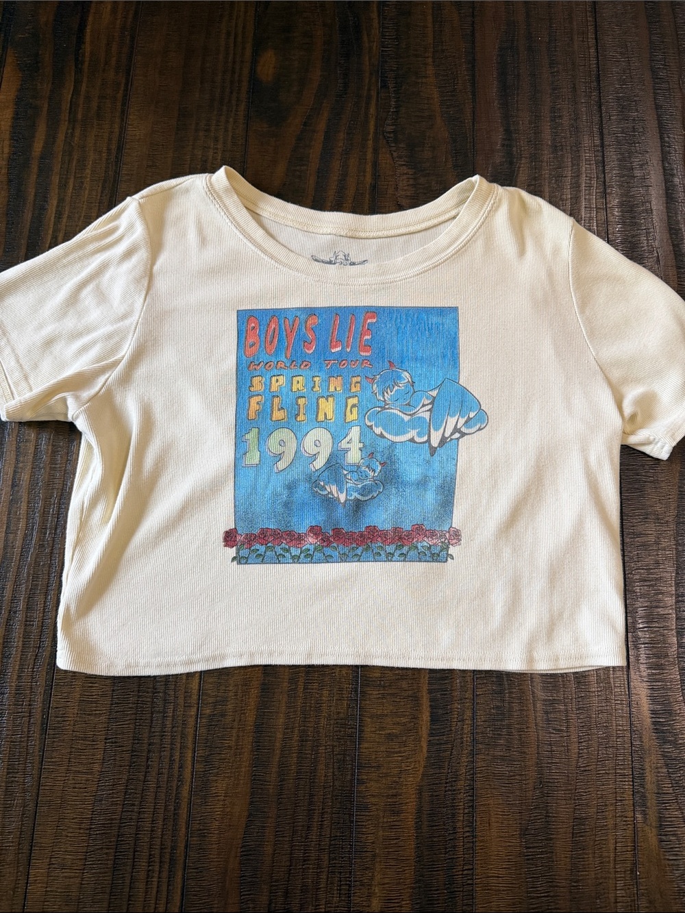 Boys Lie Cropped Graphic Tee with Blue Vintage Print